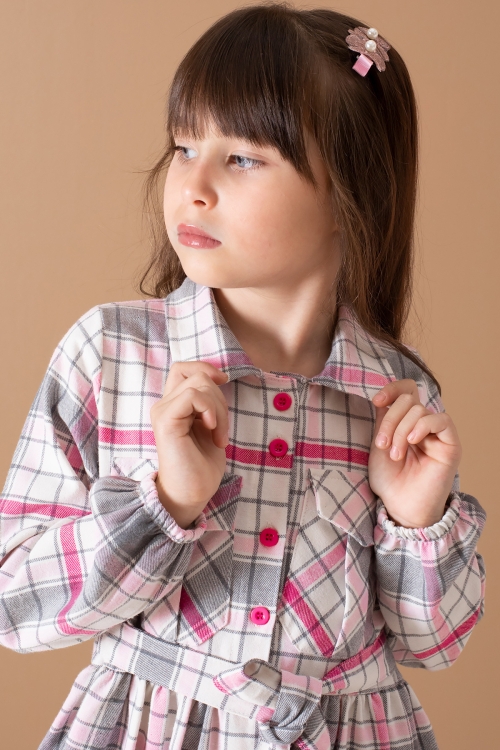 Pembe Çizgi Desenli Kuşaklı Uzun Kol Kız Çocuk Elbise 19687