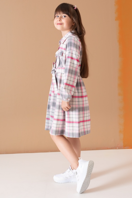 Pembe Çizgi Desenli Kuşaklı Uzun Kol Kız Çocuk Elbise 19687