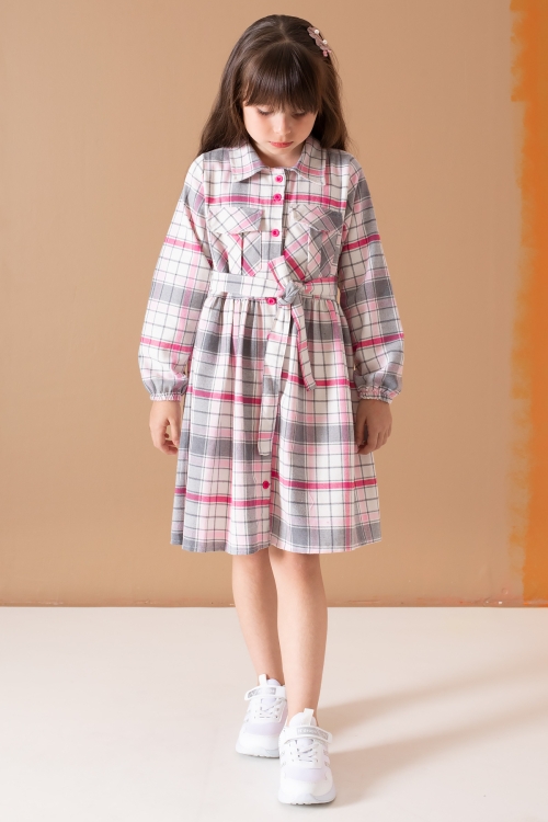 Pembe Çizgi Desenli Kuşaklı Uzun Kol Kız Çocuk Elbise 19687