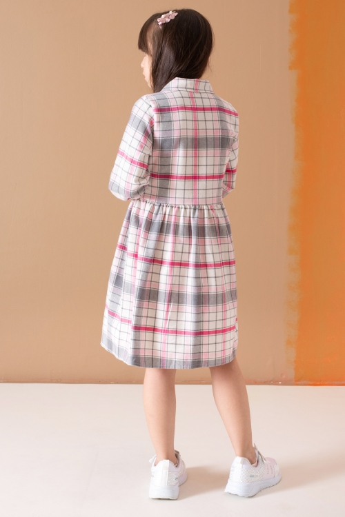 Pembe Çizgi Desenli Kuşaklı Uzun Kol Kız Çocuk Elbise 19687