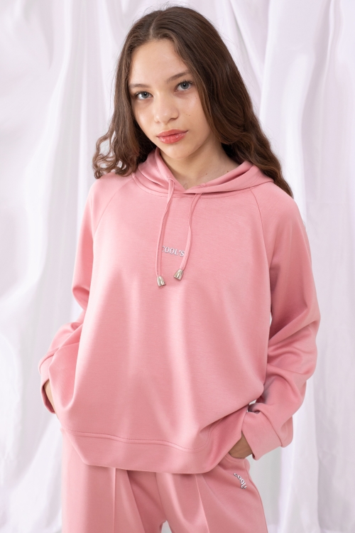Pembe Cool Yazılı Kapüşonlu Geniş Paça Kız Çocuk Eşofman Takımı 19533
