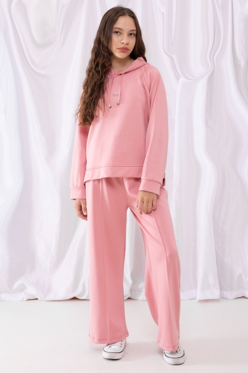 Pembe Cool Yazılı Kapüşonlu Geniş Paça Kız Çocuk Eşofman Takımı 19533