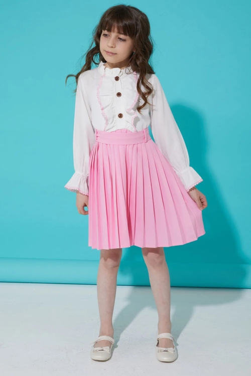 Pembe Dantelli Pileli Kız Çocuk Elbise