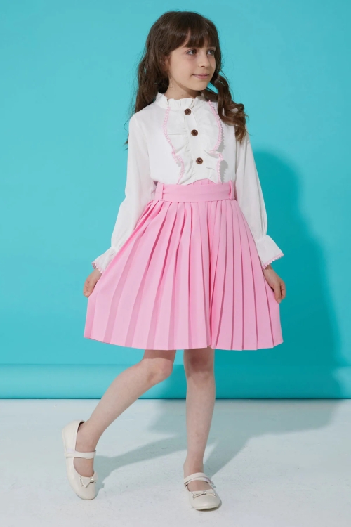 Pembe Dantelli Pileli Kız Çocuk Elbise