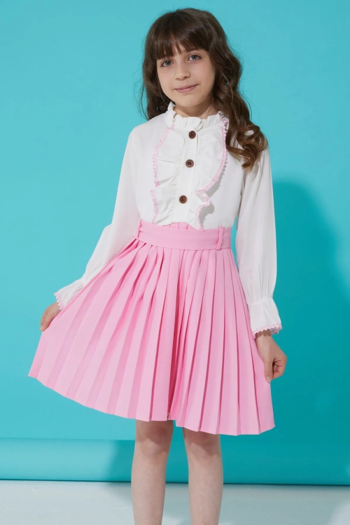 Pembe Dantelli Pileli Kız Çocuk Elbise