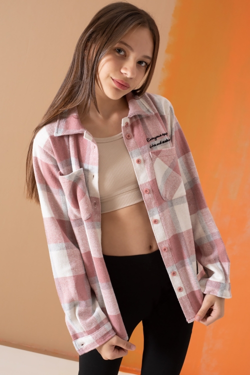 Pembe Ekose Desenli Cepli Kız Çocuk Oduncu Gömlek 19682