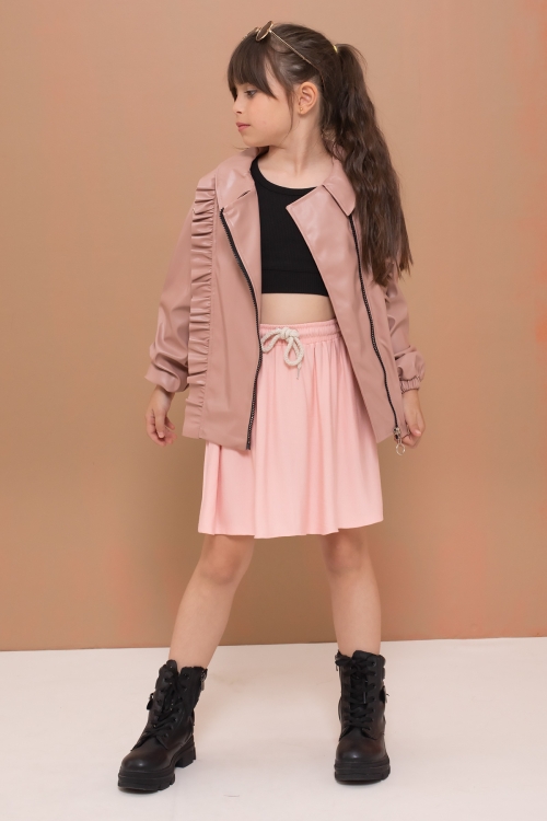 Pembe Fermuarlı Fırfır Detaylı Kız Çocuk Deri Ceket 19553