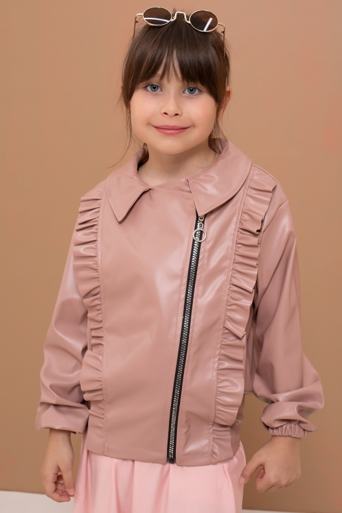 Pembe Fermuarlı Fırfır Detaylı Kız Çocuk Deri Ceket 19553