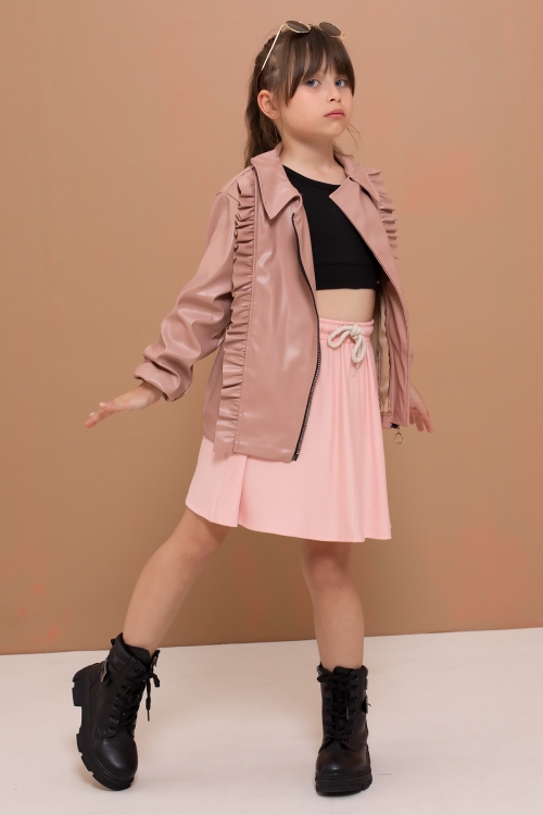 Pembe Fermuarlı Fırfır Detaylı Kız Çocuk Deri Ceket 19553