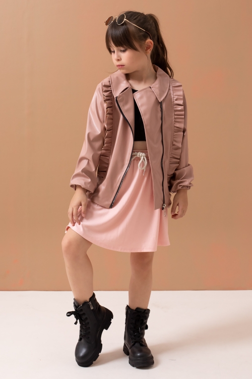 Pembe Fermuarlı Fırfır Detaylı Kız Çocuk Deri Ceket 19553