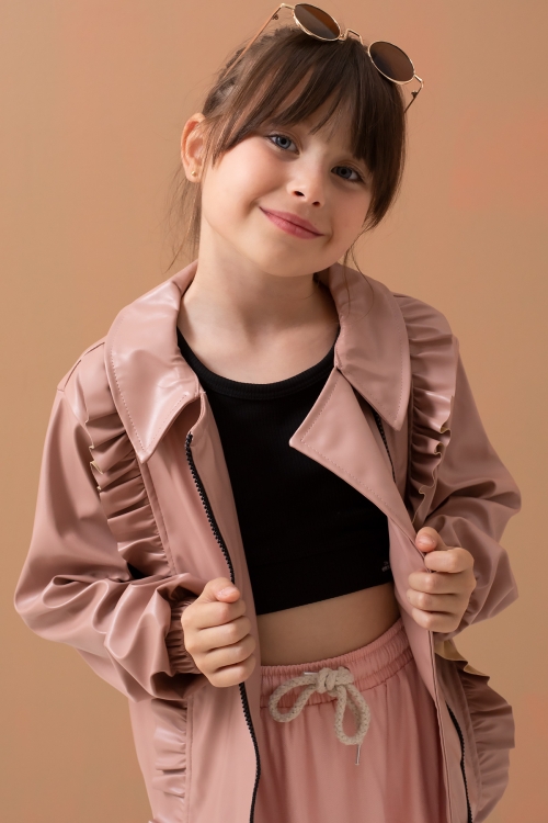 Pembe Fermuarlı Fırfır Detaylı Kız Çocuk Deri Ceket 19553