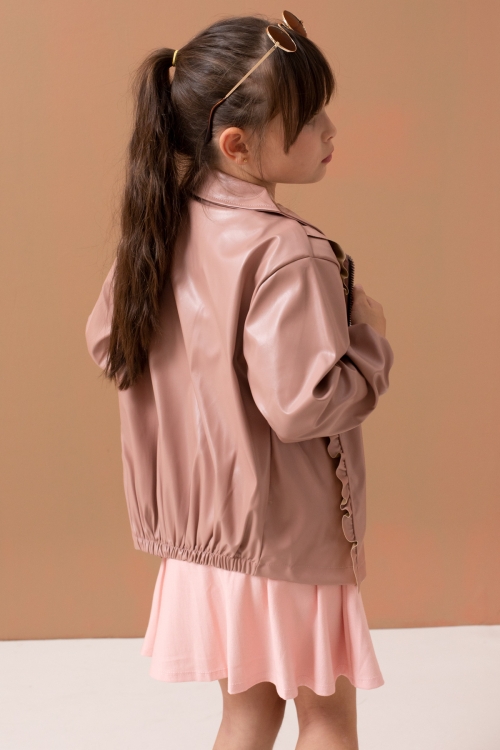 Pembe Fermuarlı Fırfır Detaylı Kız Çocuk Deri Ceket 19553