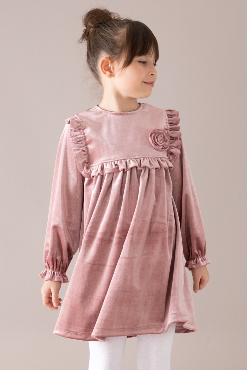 Pembe Fırfır Detaylı Uzun Kol Kız Çocuk Kadife Elbise 19811