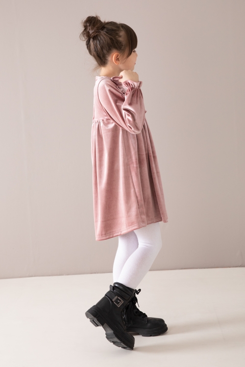 Pembe Fırfır Detaylı Uzun Kol Kız Çocuk Kadife Elbise 19811