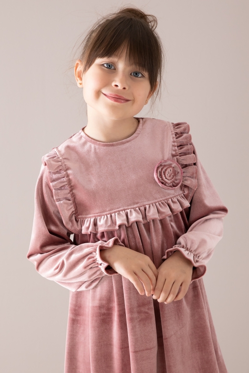 Pembe Fırfır Detaylı Uzun Kol Kız Çocuk Kadife Elbise 19811