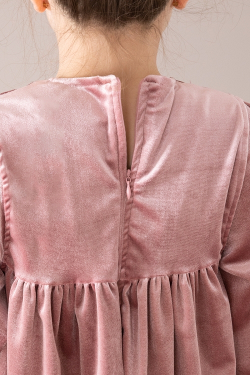 Pembe Fırfır Detaylı Uzun Kol Kız Çocuk Kadife Elbise 19811