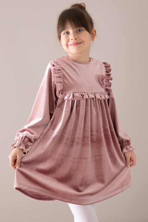 Pembe Fırfır Detaylı Uzun Kol Kız Çocuk Kadife Elbise 19811