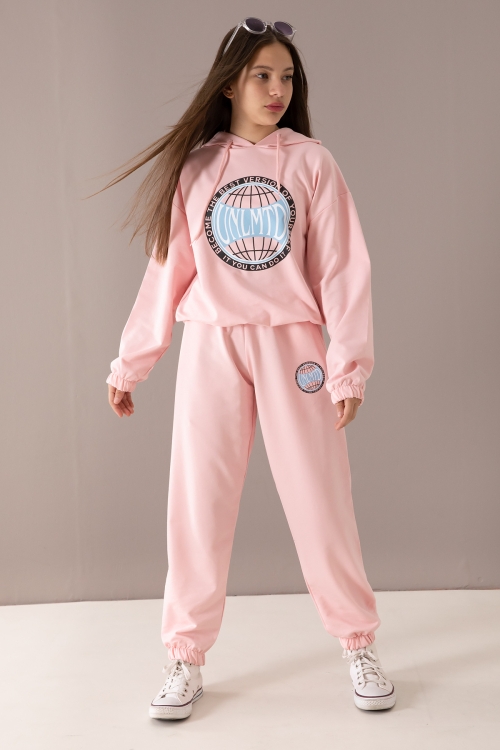 Pembe Göğsü Logo Baskılı Kapüşonlu Kız Eşofman Takımı 19761