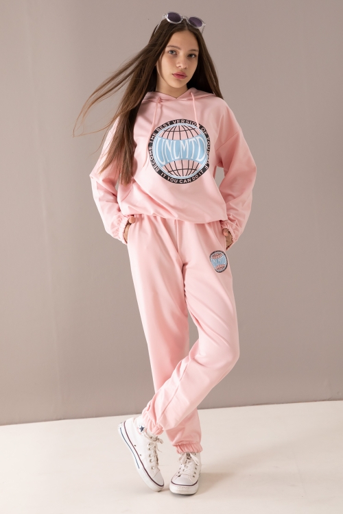 Pembe Göğsü Logo Baskılı Kapüşonlu Kız Eşofman Takımı 19761