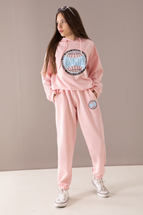 Pembe Göğsü Logo Baskılı Kapüşonlu Kız Eşofman Takımı 19761