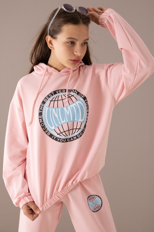 Pembe Göğsü Logo Baskılı Kapüşonlu Kız Eşofman Takımı 19761