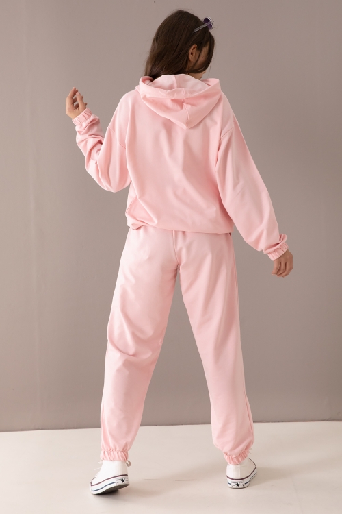 Pembe Göğsü Logo Baskılı Kapüşonlu Kız Eşofman Takımı 19761