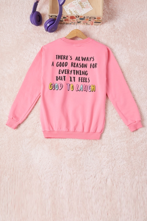Pembe Gülen Yüz Sırtı Baskılı Kız Çocuk Sweatshirt 16701