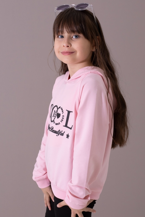 Pembe Kabartmalı Cool Yazılı Kapüşonlu Kız Çocuk Sweatshirt 19697
