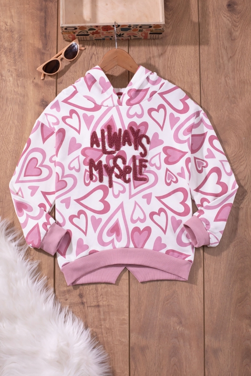 Pembe Kalp Desenli Peluş Detaylı Kız Çocuk Kapüşonlu Sweatshirt 19650