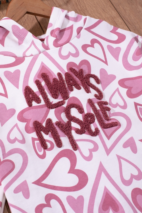 Pembe Kalp Desenli Peluş Detaylı Kız Çocuk Kapüşonlu Sweatshirt 19650