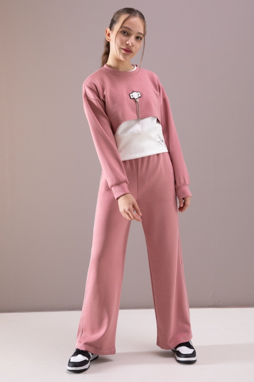 Pembe Kalpli Charm Detaylı Croplu Kız Çocuk 3lü Takım 19882