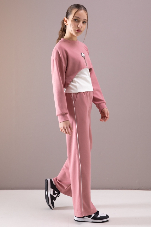 Pembe Kalpli Charm Detaylı Croplu Kız Çocuk 3lü Takım 19882