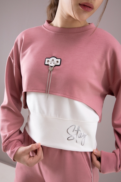 Pembe Kalpli Charm Detaylı Croplu Kız Çocuk 3lü Takım 19882