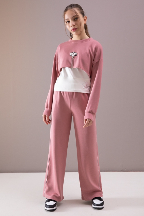Pembe Kalpli Charm Detaylı Croplu Kız Çocuk 3lü Takım 19882