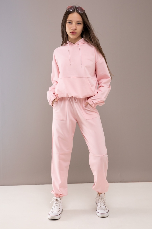 Pembe Kapüşonlu Beli Lastikli Kız Çocuk Basic Eşofman Takımı 19752