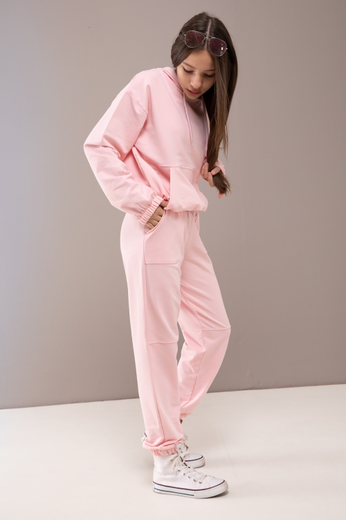 Pembe Kapüşonlu Beli Lastikli Kız Çocuk Basic Eşofman Takımı 19752
