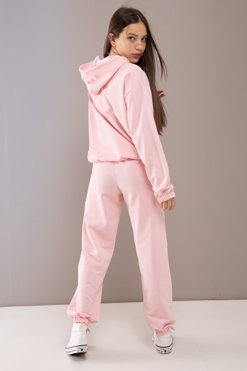 Pembe Kapüşonlu Beli Lastikli Kız Çocuk Basic Eşofman Takımı 19752
