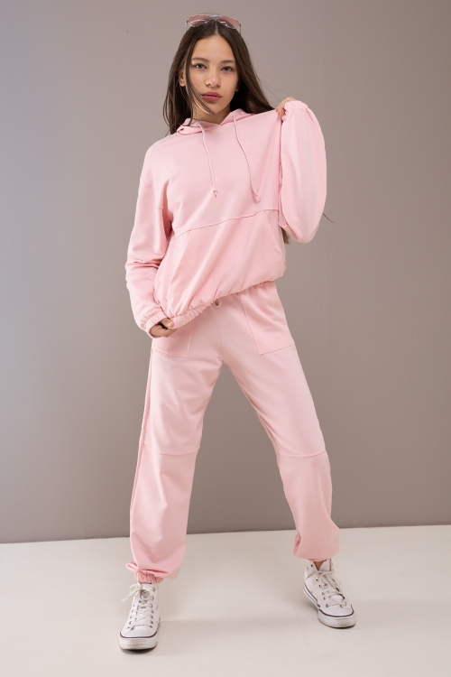 Pembe Kapüşonlu Beli Lastikli Kız Çocuk Basic Eşofman Takımı 19752