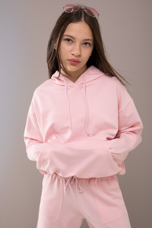 Pembe Kapüşonlu Beli Lastikli Kız Çocuk Basic Eşofman Takımı 19752