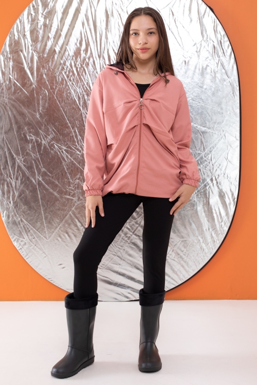 Pembe Kapüşonlu Fermuarlı Kız Çocuk Paraşüt Hırka 18497