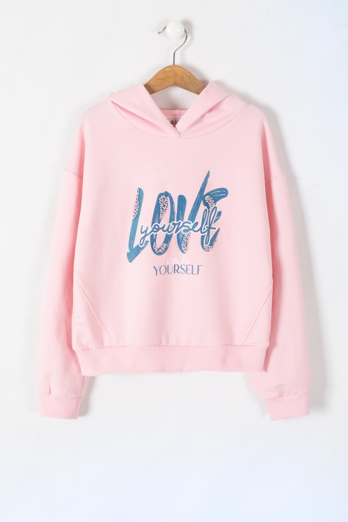 Pembe Love Yazılı Kapüşonlu Kız Çocuk Sweatshirt 19646