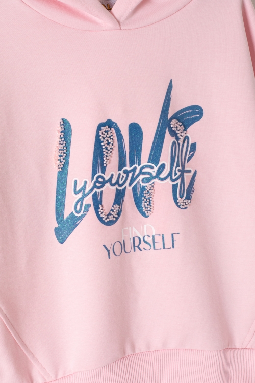 Pembe Love Yazılı Kapüşonlu Kız Çocuk Sweatshirt 19646