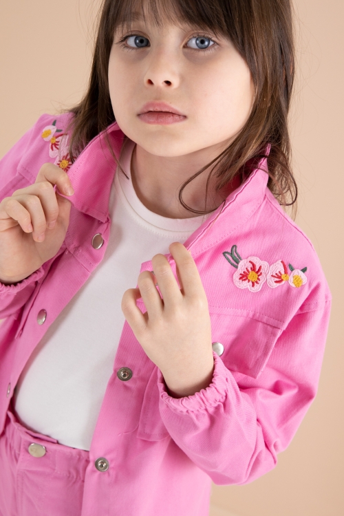 Pembe Nakış Detaylı Gömlekli Pantolonlu Kız Çocuk 3lü Takım 20157