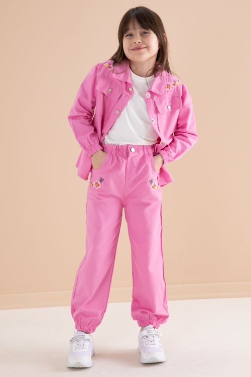 Pembe Nakış Detaylı Gömlekli Pantolonlu Kız Çocuk 3lü Takım 20157
