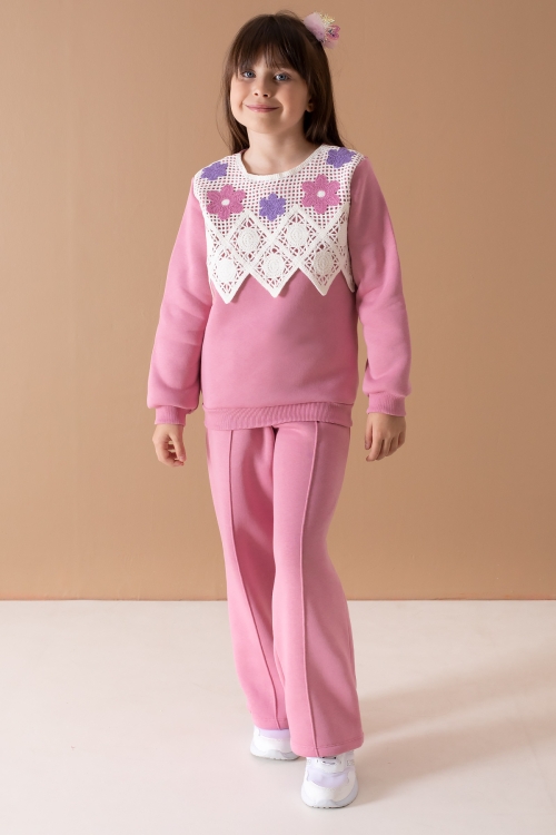 Pembe Önü Dantel Detaylı Şardonlu Kız Çocuk Eşofman Takımı 19701