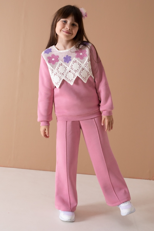 Pembe Önü Dantel Detaylı Şardonlu Kız Çocuk Eşofman Takımı 19701