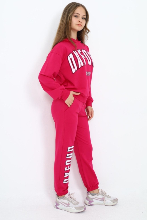 Pembe Oxford Baskılı Kapüşonlu Kız Çocuk Eşofman Takımı 19816