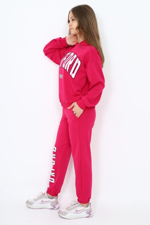 Pembe Oxford Baskılı Kapüşonlu Kız Çocuk Eşofman Takımı 19816