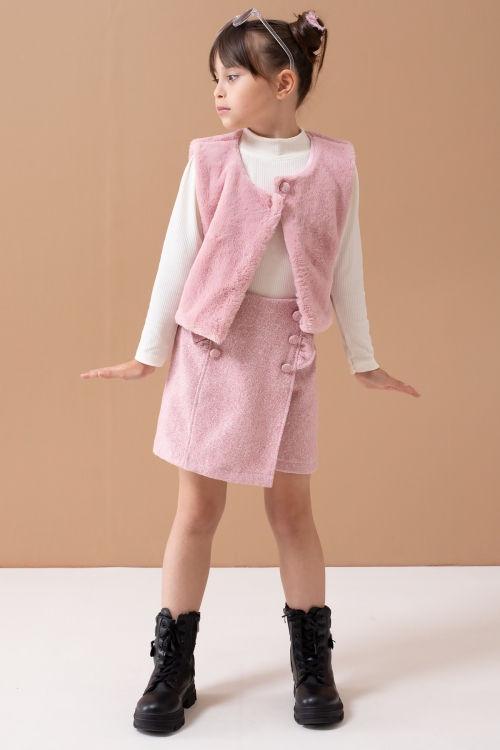 Pembe Peluş Yelekli Badili Kız Çocuk Şort Etekli Takım 19557