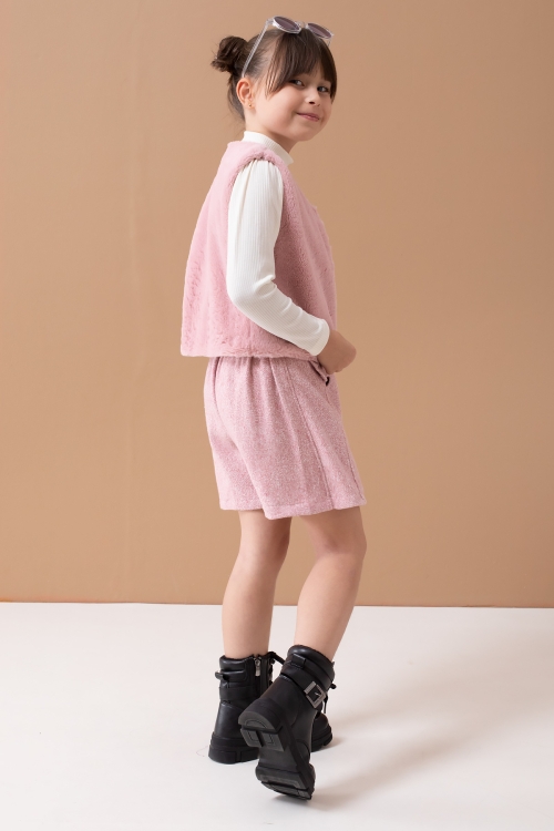 Pembe Peluş Yelekli Badili Kız Çocuk Şort Etekli Takım 19557